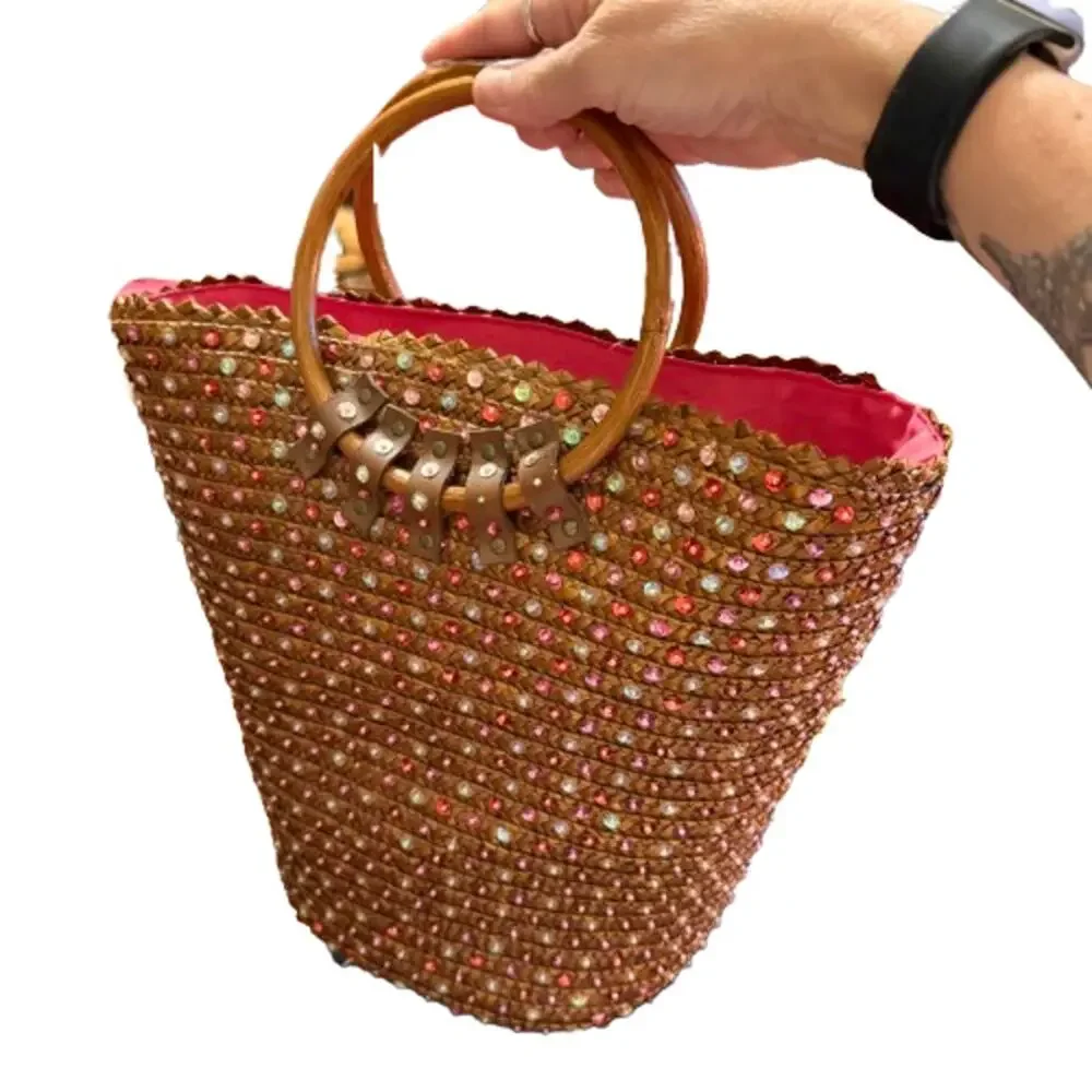 Victoria's Secret Vtg 90s Sequined Woven Bucket Tote Bag - Picture 4 of 9